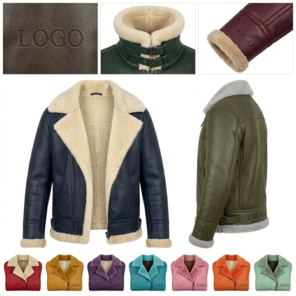 Men's Shearling Leather Jacket - Winter Aviator Style with Faux Fur Collar