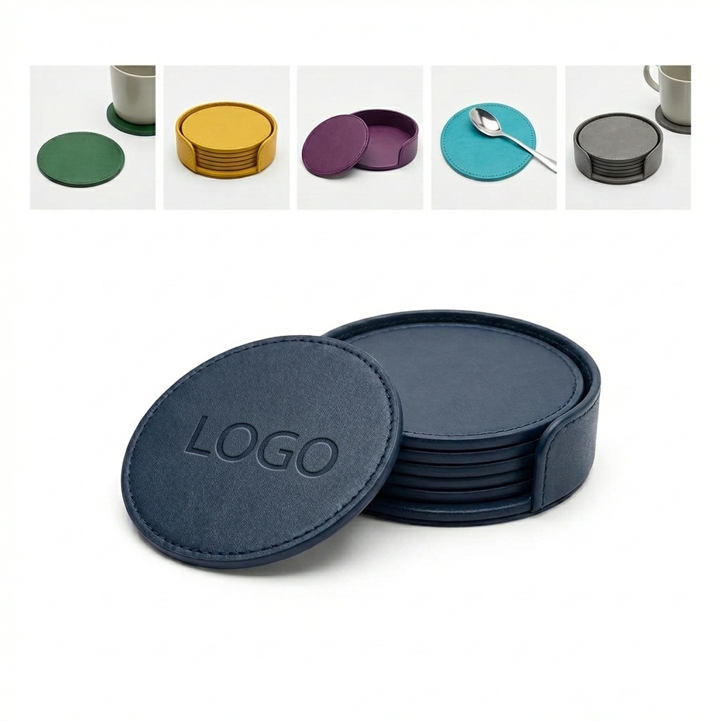 Ultra-Slim Double-Sided PU Leather Coasters Set - 6 Modern Colors